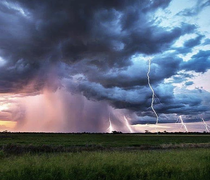 Thunder and lightning storm in grasslands