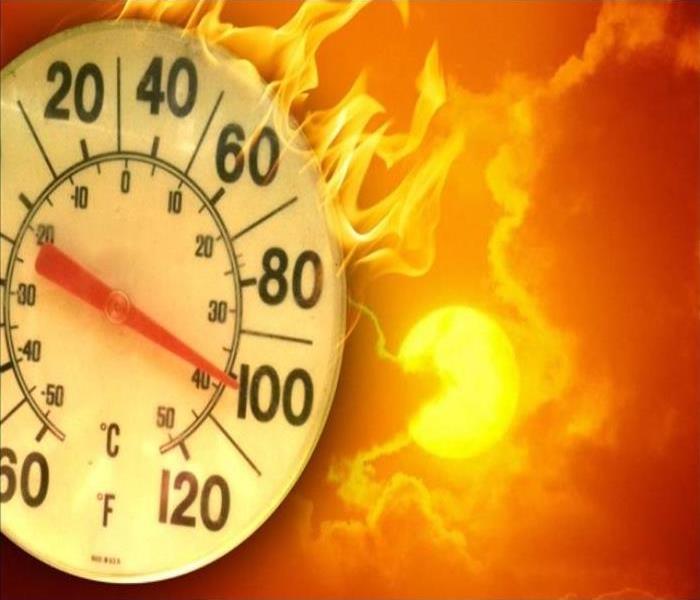  Outdoor thermometer with flames coming from it and the sun in the background