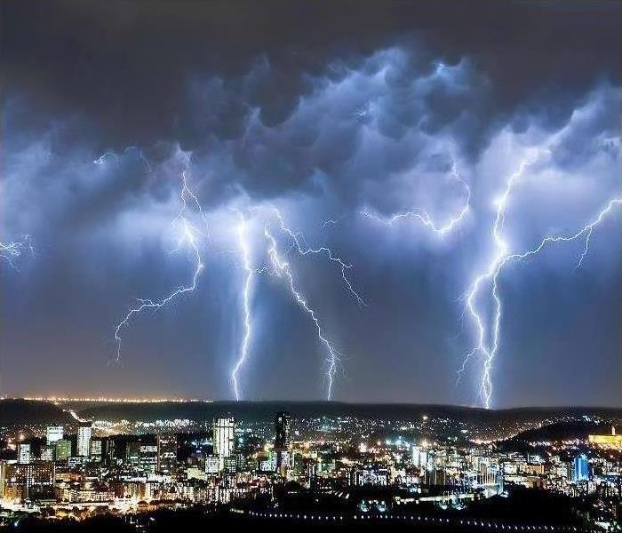 Lightning at night over a city
